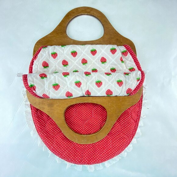Vintage Wood Handle Placemat Handbag Red White Strawberries - Picture 8 of 10
